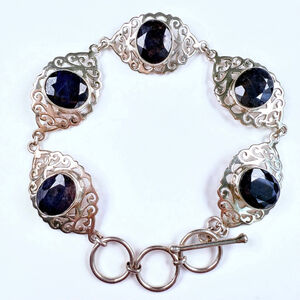 Filigree 19.5 TCW Genuine Sapphire Sterling Silver 925 Toggle Vintage Bracelet